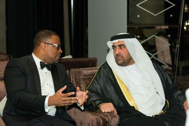 Minister of Foreign Affairs in St. Kitts and Nevis Hon. Mark Brantley with Guest of Honour at the Federation’s 33rd Independence celebrations in Dubai on November 26, 2016, His Excellency Dr. Rashid Ahmed Mohammad Al Fahed - Minister of State of the United Arab Emeraites